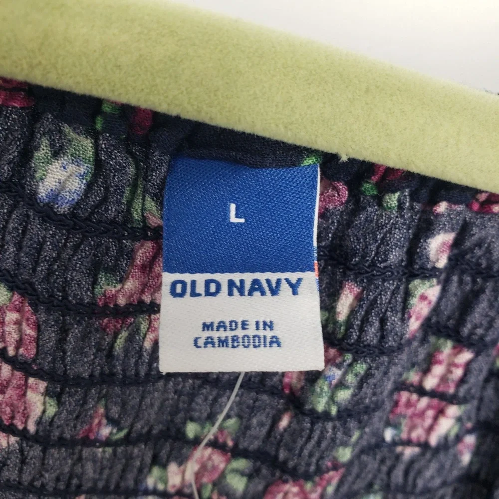 Old Navy Puff Sleeve Floral Smocked Wrap Blouse Top Women L Navy Long Sleeve
